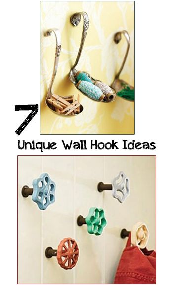 7 Unique Wall Hooks- fun design tricks with hooks and Ways to upcycle household items into creative wall hooks.  Cool ideas~ Decorative Wall Hooks Diy, Drawer Knobs As Wall Hooks, Creative Wall Hooks, Diy Wall Hook Ideas, Hanging Hooks Ideas, Diy Hooks For Hanging, Hooks On Wall Entryway, Wall Hook Ideas, Coat Hooks Diy