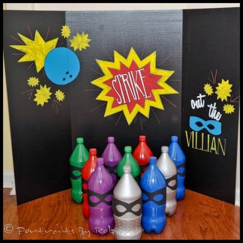 Dollar Store Crafter: Super Hero Themed Birthday Bowling Game Superhero Games For Kids, Superhero Party Activities, Batman Party Games, Game Theme Birthday Party, Dollar Game, Superhero Games, Shopkins Party Decorations, Super Hero Activities, Birthday Bowling