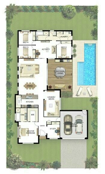 Garage Layout, Block House, House Plans One Story, Home Design Floor Plans, Villa Plan, House Layout Plans, House Layout, Kids Bedrooms, Courtyard House