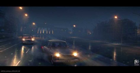 Man From Uncle Concept Art | Car Chase on Wet City Streets Car Chase Concept Art, Concept Art Car, Car Chase Scene, Man From Uncle, Car Chase, Novel Inspiration, The Man From Uncle, City Car, City Streets