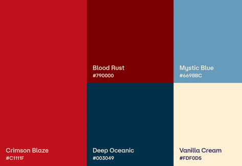 Vintage Red White And Blue Color Palette, Red Blue Cream Color Pallet, Color Palette Blue And Red, Red Pantone Colour Palettes, Magazine Colour Palette, Red White Blue Color Palette, Red And Blue Colour Palette, Red And Blue Branding, Blue And Red Colour Palette