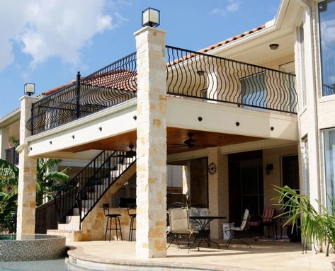 Balcony with Stairs & Kitchen - Texas Custom Patios Balcony With Stairs, Breezeway Addition, Balcony House Design, Outdoor Workout Area, Exterior Balcony Design, Balcony Addition, Spiral Staircase Outdoor, Outdoor Balcony Ideas, Balcony Ideas House