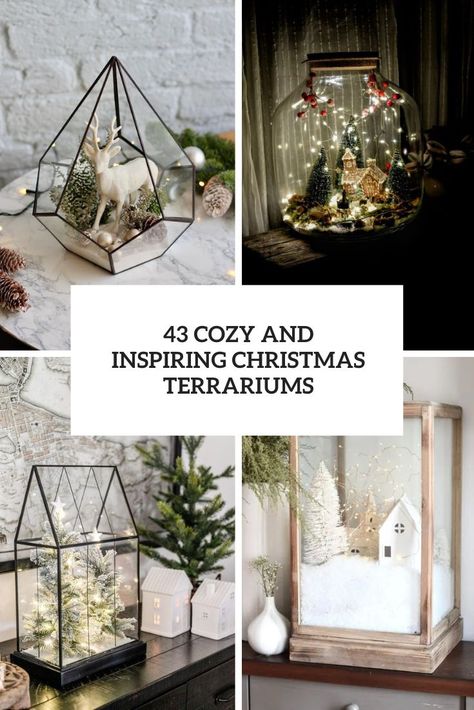 cozy and inspiring christmas terrariums Xmas Cloche Ideas, Snow Globe Terrariums, Terrarium Christmas Ornaments Diy, Snow Globe Display Ideas, Christmas Terrariums Winter Scenes, Glass Terrarium Ideas, Christmas Cloche Ideas, Winter Terrarium, Christmas Terrariums