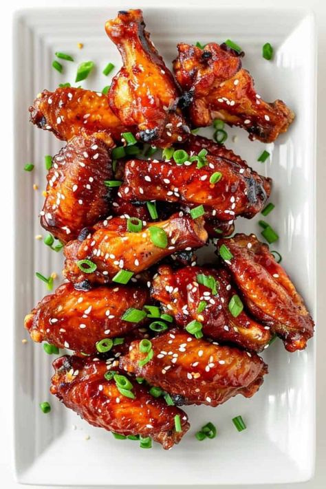 Top view of delectable Asian Chicken Wings with a sticky, savory glaze. Asian Wings, Marinated Wings, Asian Chicken Wings, Sticky Chicken Wings, Glazed Chicken Wings, Spicy Wings, Crispy Wings, Sticky Chicken, Asian Chicken