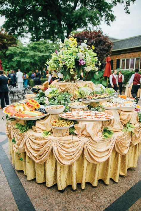 Gold-Draped Cuisine Table How To Style A Buffet Table, Buffet Table Arrangement, Catering Presentation, Buffet Table Settings, Wedding Buffet Table, Buffet Set Up, Tequila Tasting, Buffet Table Decor, Catering Buffet