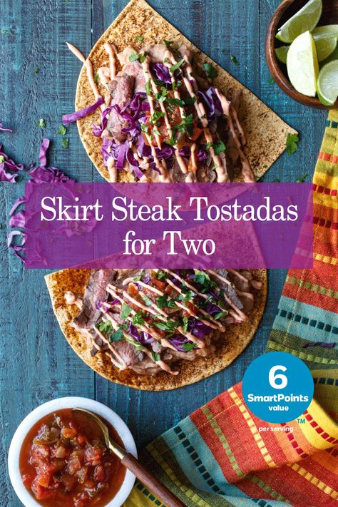 Skirt Steak Tostadas for Two - Flatoutbread Steak Tostadas, Flatout Recipes, Bratwurst Recipes, Chipotle Paste, Chocolate Company, Famous Recipe, Skirt Steak, Red Cabbage, Ww Recipes