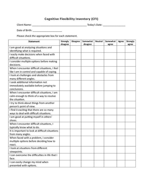 Cognitive Flexibility Inventory (CFI) in 2024 | Therapy worksheets, Cognitive therapy, Cognitive . #Thought_Challenging #2024_Activities #Cognitive_Flexibility #Cognitive_Behavior_Therapy Changing Thought Patterns, Cognitive Processing Therapy, Cognitive Behavior Therapy Worksheets, Cognitive Activities For Adults, Thought Challenging, Psychology Test, Cognitive Flexibility, Teaching Executive Functioning, Therapy Goals