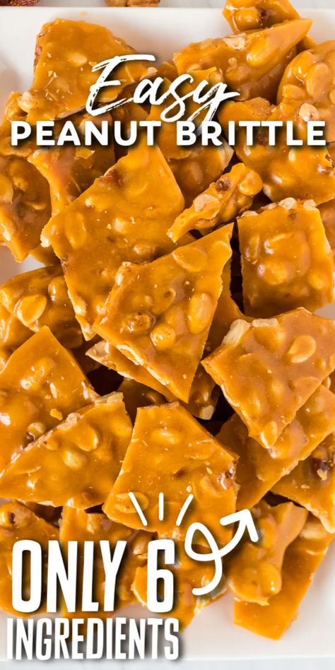 This easy peanut brittle recipe is golden, buttery, and perfect as a treat or to package up for holiday gifts. This homemade candy is salty and sweet and only has six ingredients! | www.persnicketyplates.com Easy Peanut Brittle, Easy Peanut Brittle Recipe, Homemade Peanut Brittle, Peanut Brittle Recipe, Hot Chocolate Fudge, Brittle Recipes, Salty Treats, Candy Recipes Homemade, Christmas Candy Recipes