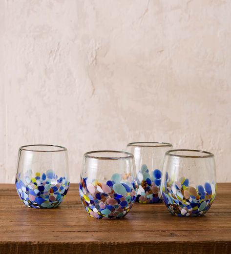 Riviera Recycled Glass Collection | Wind and Weather Broken Pieces, Hand Painted Wine Glasses, Painted Wine Glasses, Wine Glass Set, Glassware Collection, Stemless Wine Glasses, Recycled Glass, By The Sea, Unique Charms