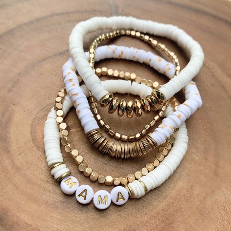 "*Nickel & Lead Free* HOW TO ORDER: Select which style you wish to purchase from drop-down (see photos) Style #1: 6mm White & Gold Heishi Beads with 7mm White/Gold Letters Style #2: 6mm White/Gold Speckled Heishi Beads with 6mm Copper Gold Heishi Accent Beads (band only, no customization) Style #3: 6mm White Heishi Beads with 7mm Faceted Hematite Accent Beads (band only, no customization) Style #4: 4mm Matte Gold Hematite Beads (band only, no customization) Style #5: 3mm Gold Hematite Be Gold Heishi Beads Beaded Bracelets Gift, Stackable Heishi Beads Friendship Bracelets Bohemian Style, Casual Gold Heishi Beads Stretch Bracelet, Gold Heishi Beads Stackable Bracelets, Gold Heishi Beads Bracelet Gift, Heishi Beads Necklace, Letters Style, Layering Bracelets, Homemade Bracelets