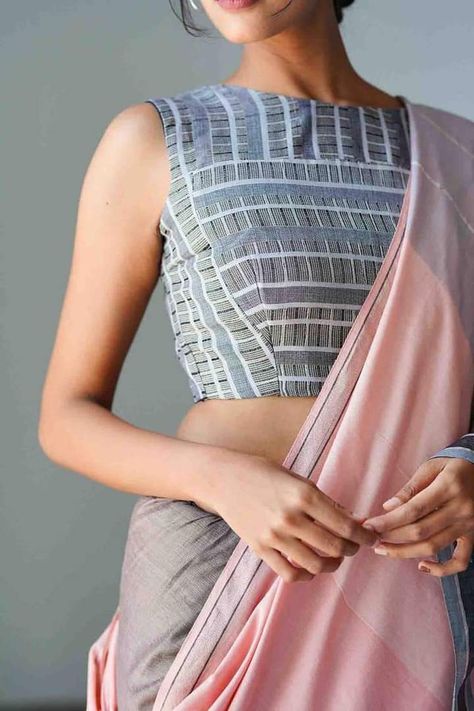 Grey Saree Blouse Combination, Long Sleeve Blouse Designs, Saree Outfits, Long Blouse Designs, Cotton Saree Blouse Designs, Cotton Blouse Design, Grey Saree, Saree Blouse Neck Designs, Khadi Saree