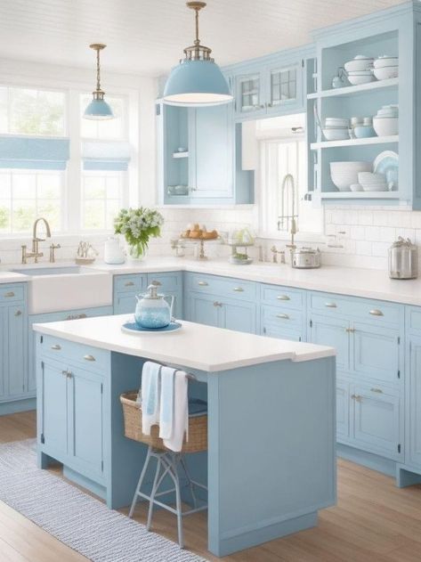 Blue Cabinets White Countertops, Light Blue Cabinets, Blue Kitchen Designs, Coastal Kitchen Design, Coastal Kitchen Decor, Серая Кухня, Blue Kitchen Cabinets, Beach House Kitchens, Blue Cabinets