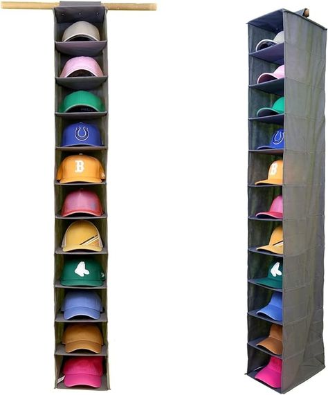 Amazon.com: Perfect Curve 11-Pocket Closet Cap Organizer. 11 Shelf Hanging Closet Hat Organizer for Baseball Caps - Hat Storage For Up To 100 Caps - Baseball Hat Organizer - Gray : Home & Kitchen Ball Cap Display Ideas Wall, Mens Hat Organization, Cap Holder Hats Organizers, Baseball Cap Organization, Baseball Hat Organization, Ball Cap Storage, Baseball Hat Organizer, Baseball Hat Display, Hat Storage Ideas