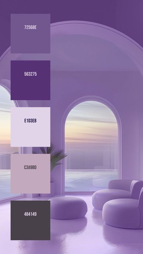 Colors: 72568E ° 563275 ° E1D3E8 ° C3A9BD ° 484149 Sky Gradient, Purple Color Combinations, White Container, Yellow Palette, Purple Palette, Late Evening, Hex Color Palette, Color Palette Yellow, Purple Interior