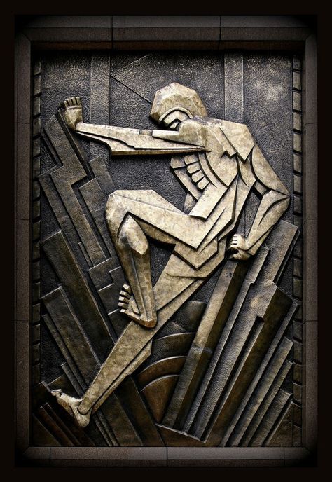 This Art Deco relief from the period reimagines the industrial laborer by combining classical Greek beautification with modern lines.  By Rene Paul Chambellan. Art Deco Typography, Arte Art Deco, Monumental Architecture, Art Deco Paintings, Deco Architecture, Art Deco Sculpture, Deco Poster, Art Deco Buildings, Chrysler Building