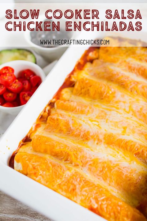 Slow Cooker Salsa Chicken Enchiladas - If you are needing a fix it and forget it dinner idea, Crock Pot Salsa Chicken Enchiladas is the one for you. This recipe is delicious and flavorful. Salsa Chicken Crockpot, Slow Cooker Salsa Chicken, Slow Cooker Salsa, Salsa Chicken, Dinner Idea, Chicken Enchiladas, Slow Cooker Chicken, Flavorful Recipes, Cooker Recipes