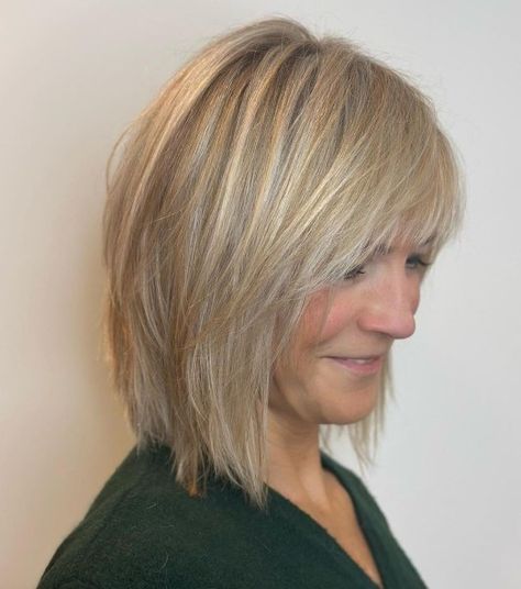 Over 50 Shaggy Blonde Bob with Bangs Bangs For Women Over 50, Bangs Over 50, Blonde Bob With Bangs, Haircuts For Women Over 40, Fine Flat Hair, Blonde Layered Hair, Layered Bob With Bangs, New Hair Do, Layered Bob Haircuts