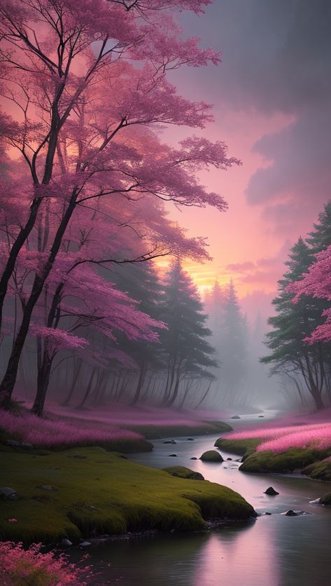 Painting of a river in a forest with a pink sunset, fantasy forest landscape, mystical fantasy landscape, epic dreamlike fantasy landscape, fantasy forest, magical fantasy forest, glowing colorful fog, magical colors and atmosphere, magical landscape, lost in a dreamy fairy landscape, dreamlike digital painting, fantasy landscape painting, fantasy digital painting, dreamy landscape, fantasy artrealistic painting Fairy Landscape Painting, Painting Fantasy Landscape, Fantasy Acrylic Painting, Fantasy Landscape Painting, Dreamlike Aesthetic, Fantasy Forest Landscape, Fairy Landscape, Buildings Reference, Magical Colors