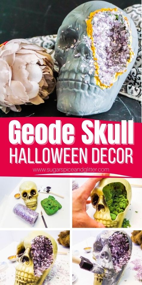 Foam Skull Ideas, Diy Dollar Tree Skull Decor, Resin Skull Diy, Gothic Decor Diy Ideas, Diy Halloween Skull Decorations, Foam Skull Diy, Styrofoam Skull Ideas, Foam Skull Crafts, Skull Diy Crafts