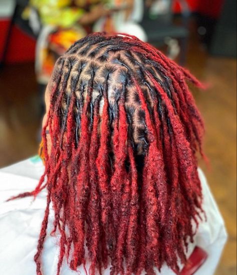 Crimson Red Locs, Locs With Red Tips, Faux Locs Hairstyles Short, Locs Hairstyles Short, Black Women Locs, Red Locs, Loc Colors, Natural Hair Maintenance, Dyed Locs