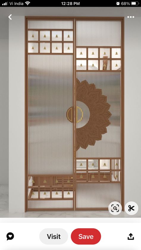 Fluted Glass Pooja Door, Temple Partition Design, Temple Design For Home With Door, Puja Door Design, Mandir Door Design For Home, Mandir Doors, Puja Room Door Design, Temple Door Design, Mandir Door Design