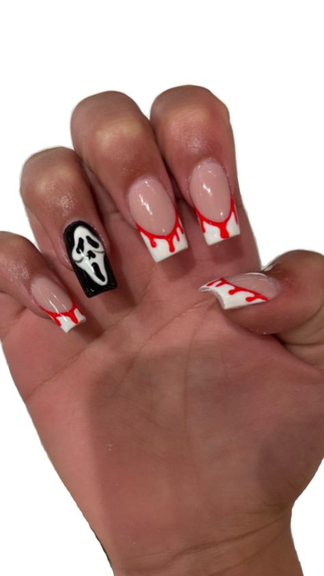 Ghost face nails🎃 Nails Acrylic Ghost Face, Ghost Face Nails, Zombie Nails, Scream Nails, Face Nails, Hello Kitty Shoes, Nails For Kids, Ghost Face, Ghost Faces