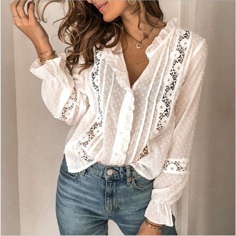 a3545bd79d31f9a72d3a78690adf73fcdesc49132491ri Elegant Polka Dot Blouse With Buttons, Elegant White Swiss Dot Blouse, Casual White Swiss Dot Blouse, Women Blouses Fashion Casual, Top In Pizzo, Lace Blouse Long Sleeve, White Lace Blouse, Flare Long Sleeve, Vintage Blouse