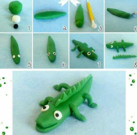 Crocodile Play Dough Animals, Clay Crafts For Kids, Kids Clay, Fondant Animals, Tanah Liat, Fondant Tutorial, Fondant Decorations, Clay Crafts Air Dry, Fondant Figures