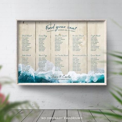 Sit Back and Relax, Because We Found the Best Seating Charts For Any Kind of Wedding Unique Seating Chart Wedding Beach, Fishing Net Seating Chart, Creative Seating Cards Beach, Nautical Net Seating Chart, Tropical Wedding Theme Seating Chart, Travel Theme Wedding Table Names, Beach Reception Tables, Rustic Seating Charts, Wedding Guest Book Table