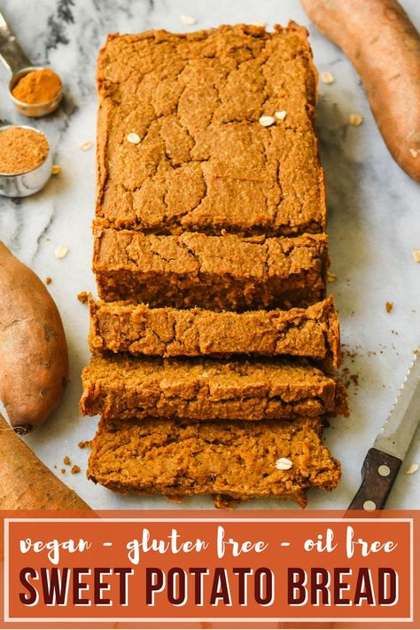 This Sweet Potato Bread is SO GOOD! Gluten Free, Vegan, and perfect for Meal Prep #vegan #plantbased #veganbreakfast #mealprep #sweetpotato #bread #bananabread Gluten Free Sweet Potato, Sweet Potato Bread, Sweet Potato Cake, Vegan Banana Bread, Potato Bread, Potato Puree, Desserts Vegan, Gluten Free Sweet, Vegan And Gluten Free