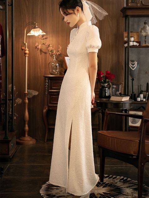 White Jacquard Thigh Split Wedding Qipao / Cheongsam Dress - CozyLadyWear Qipao Wedding Dress, White Cheongsam, Cheongsam Wedding Dress, Cheongsam Wedding, Wedding Qipao, Wedding Cheongsam, Qipao Wedding, Pearl Wedding Dress, Chinese Wedding Dress