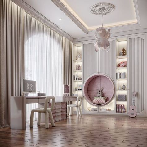 In the hands of Tarık Hattaboğlu, a kids' bedroom in pink tones transforms into a magical haven that delights both children and parents alike. The room is a delicate blend of soft pastels and vibrant blushes, creating a warm and inviting atmosphere. Hattaboğlu’s design features whimsical elements like cloud-shaped shelves, fairy lights, and plush rugs that add a touch of enchantment. Pink Bedroom Inspirations, Light Pink Bedroom, Dreamy Girls Bedroom, Light Pink Bedrooms, Circu Magical Furniture, Magical Furniture, Girls Room Design, Shared Girls Bedroom, Kids Playroom Decor