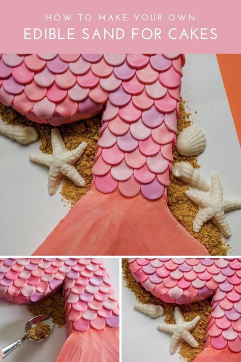 How to make edible sand for cakes! Use this DIY edible sand recipe for beach cakes, mermaid birthday cakes, sensory play, wedding cakes, puddings, and more desserts. Great for kids and uses graham crackers so it's not too sweet. #edible #sand #cakes #diy #recipe Easy Mermaid Cake, Fondant Girl, Edible Sand, Mermaid Birthday Cakes, Cake Templates, Mermaid Diy, Mermaid Cakes, Mermaid Birthday Party