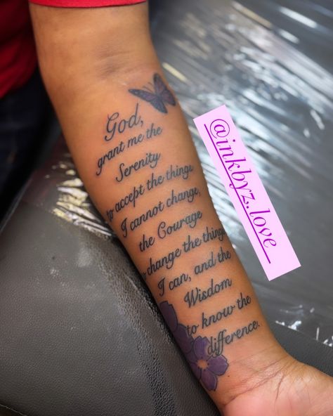 Lower Arm Half Sleeve ❌ No Neck Tattoos 📍 New Ink Tattoo Shop #newink #shreveporttattooartist #femaletattooartist #bossiertattooartist #tattoos #halfsleeve #art Half Sleeve Tattoos For Women, Serenity Prayer Tattoo, Half Arm Sleeve Tattoo, Prayer Tattoo, Lower Arm Tattoos, Arm Sleeve Tattoos For Women, Forarm Tattoos, Tattoos For Black Skin, Neck Tattoos