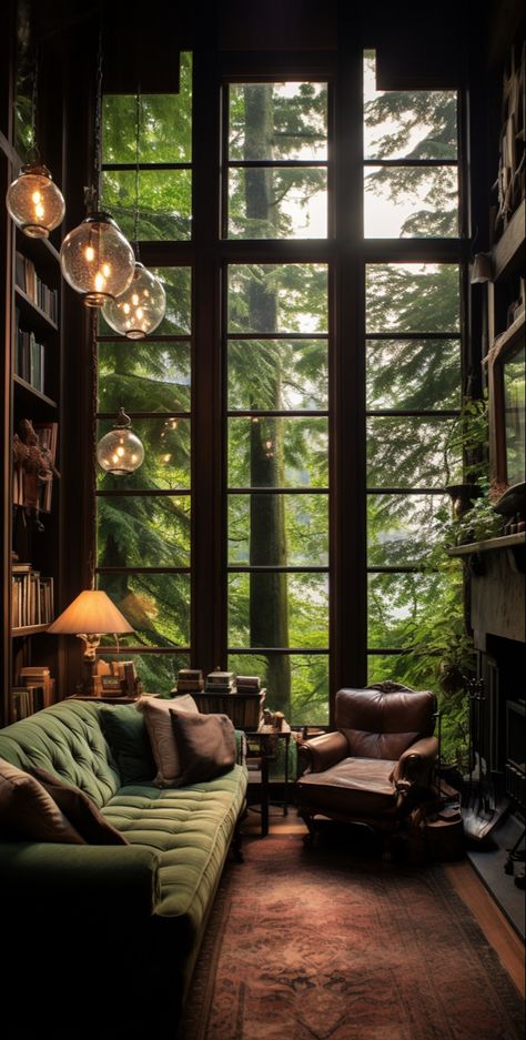 an living room with windows and a living room, in the style of atmospheric woodland imagery, bibliopunk, nature's wonder, northwest school, layered translucency, cottagecore, studyplace Cozy Forest Living Room, Woodsy Living Room, Living Room With Windows, Living Room Cottagecore, Forest Living Room, Cottagecore Interior, Cottagecore Home, Living Room Plants, Dream Life House