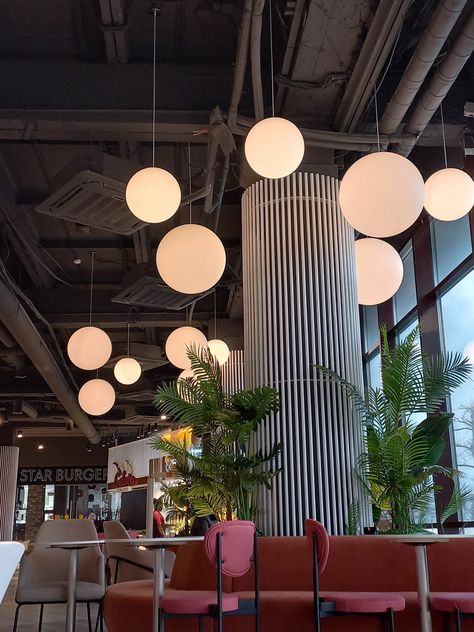 Library Lighting, Black And White Furniture, High Ceiling Lighting, Bali Furniture, Cafe Lighting, Market Lighting, Open Ceiling, Nightclub Design, Retail Interior Design