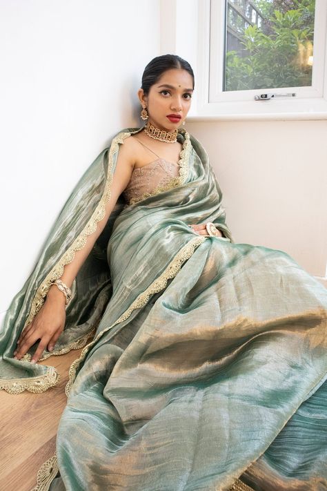 Handwoven Teal Tissue Saree– Kosataga Net Saree Designs, Bridesmaid Saree, Tissue Saree, Saree Design, Net Saree, Elegant Saree, Organza Saree, Saree Look, Indian Outfit