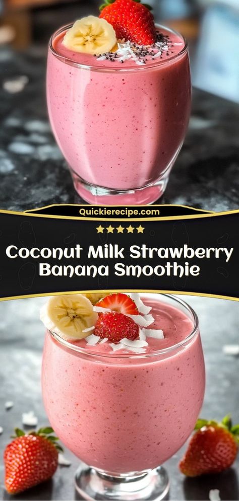 Coconut Milk Strawberry Banana Smoothie This coconut milk strawberry banana smoothie is a tropical treat packed with fruit. Creamy, fruity, and refreshing, it’s the ultimate healthy snack or breakfast. Ingredients: 1 banana 1 cup strawberries 1 cup coconut milk 1 tbsp honey Cocnut Milk, Strawberry Banana Smoothie Recipe, Tropical Smoothie Recipes, Milk Strawberry, Coconut Milk Smoothie, Refreshing Snacks, Breakfast Ingredients, Banana Smoothie Recipe, Tropical Smoothie