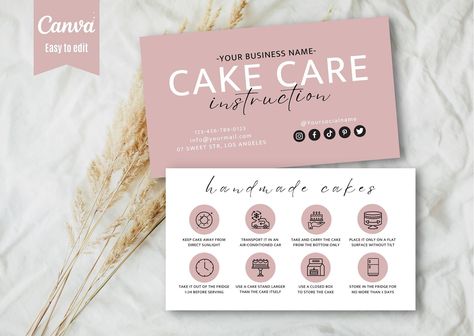 Cake Care Card Template, Canva Editable Cake Care Guide, Printable Pink color Cake Care Cards, Cake Care Instructions, Bakery Business Card. Cake Business Card Design, Pink Color Cake, Cake Care Card, Cake Business Cards, Cards Cake, Color Cake, Boho Cake, Bakery Business Cards, Mouse Pictures