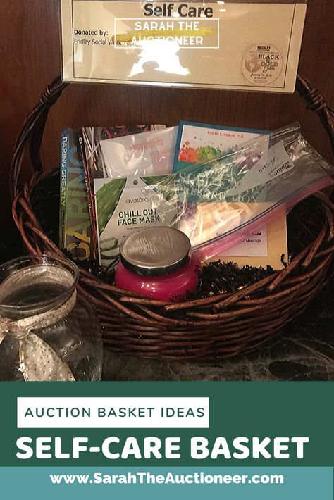 Self-Care Basket | Ideas for silent auction baskets or raffle prizes | 11 basket ideas for your silent auction or raffle | fundraising auction ideas | how to plan a fundraising auction | sarah the auctioneer Fundraising Auction Ideas, Church Gifts Ideas, Adult Prom, Auction Decor, Fundraising Games, Beer Basket, Silent Auction Baskets, Pta Fundraising, Auction Basket