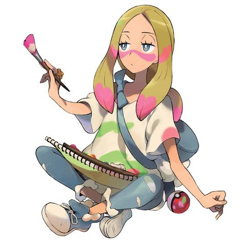 Safebooru - 1girl blonde hair bright pupils commentary request facepaint grey eyes grey pants hand up holding holding paintbrush indian style iribi you jewelry kyon (artist) long hair mina (pokemon) notepad official art oversized clothes oversized shirt paintbrush pants poke ball poke ball (basic) pokemon pokemon (game) pokemon sm pokemon tcg ring shirt shoes short sleeves simple background sitting sneakers solo spanish commentary third-party edit torn clothes torn pants white background white p Pants White Background, Holding Paintbrush, Blonde Hair Bright, Torn Pants, Background Sitting, Torn Clothes, Pokemon Game, Pokemon Trainers, Oversized Clothes