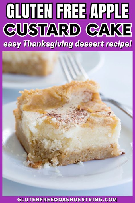 a dessert bar with a crust and a thick layer of custard Gluten Free Apple Cake Easy, Gluten Free Apple Desserts, Gluten Free Custard, Apple Custard Cake, Gluten Free Dessert Ideas, Dairy Free Custard, Christmas Dessert Menu, Easy Gluten Free Dessert, Gluten Free Apple Cake