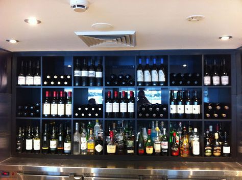 Materials: EXPEDIT 4x4 (2)  Description: We decided to remodel our back bar display and wanted shelving that would display our red wine selection and also f Ikea Bar, Ikea Built In, Porch Bar, Diy Home Bar, Built In Bar, Ikea Billy, Bar Displays, Ikea Hackers, Wine Display