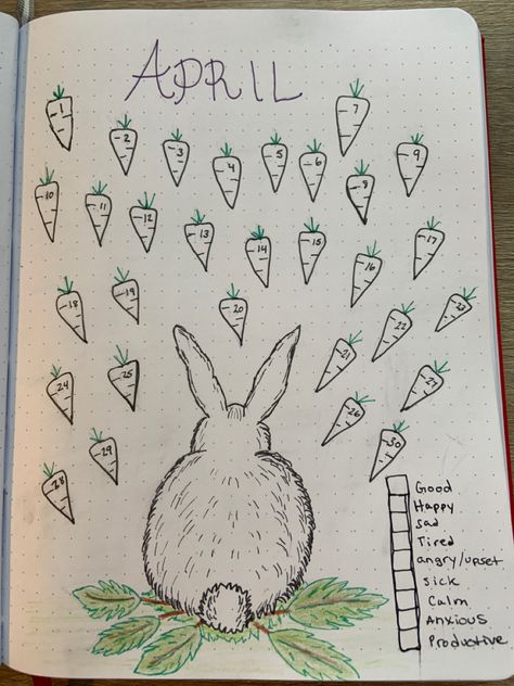 A rabbit with a lot of carrots to catch and eat to help you track your mood every day. Choose your own mood/emotions and pick a colour for each one. Colour it in with the mood from the day or more then one emotion you felt during the day. April Step Tracker Bullet Journal, Easter Journal Ideas, Easter Journaling Ideas, Easter Mood Tracker, April Mood Tracker, April Bujo, Rabbit And Carrot, Bullet Journal Work, Year Journal