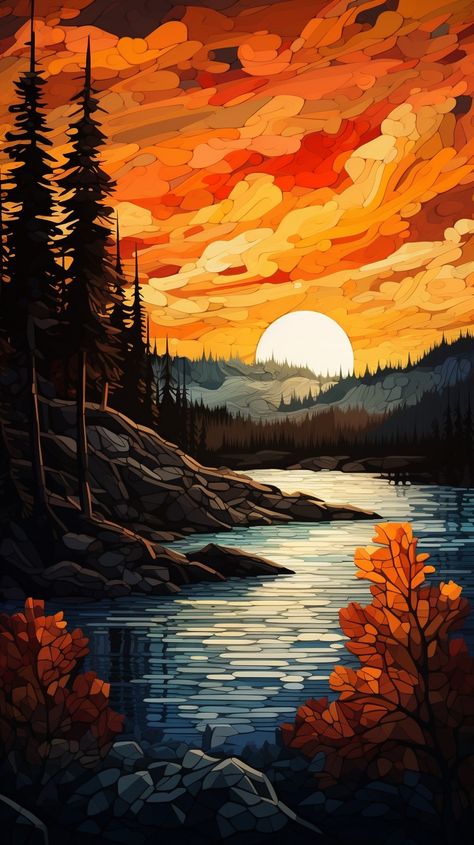 Sunset, screensaver for phone, orange sunset, river, mountains, picture, wallpaper, 4k Orange Landscape Painting, Sunset Screensaver, Orange Scenery, Orange And Blue Wallpaper, Bull Painting, Forest Drawing, Illustration Art Kids, Orange Painting, Barn Painting