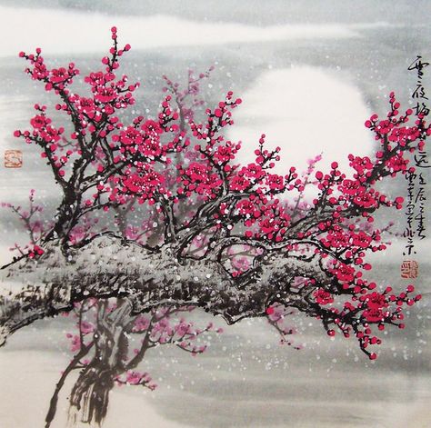 Chinese Cherry Blossom, Chinese Picture, Cherry Blossom Painting, Chinese Artwork, Cherry Blossom Art, Japanese Artwork, Asian Painting, Blossoms Art, Tableau Art