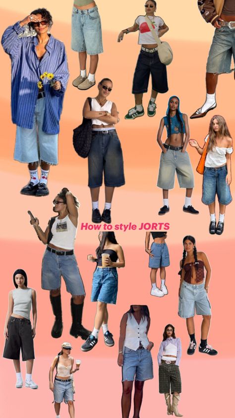 A Pinterest moodboard displaying different ways to style jorts. The collage includes outfits with jean shorts paired with oversized shirts, crop tops, and a variety of accessories. The styles range from sporty and casual to chic and edgy, showcasing versatile looks for different occasions. Style Jorts, Shirts Crop Tops, Trendy Outfit Ideas, Midsize Outfits, Shirts Crop, Japan Outfit, Oversized Shirts, Cycling Fashion, Trendy Outfit