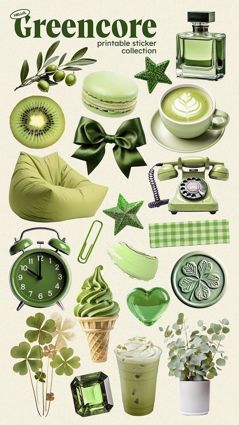 Green Objects Aesthetic, Cute Green Things, Kiwi Ice Cream, Ice Cream Set, Journal Sticker, Set Ideas, Sticker Material, Awesome Designs, Green Bows