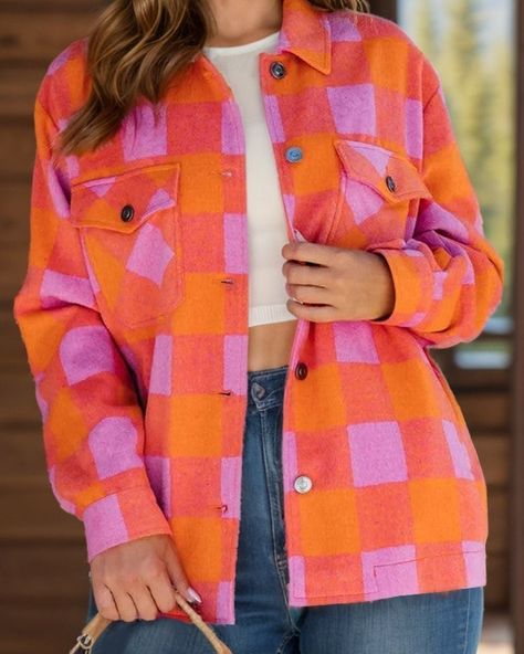 Color Block Plaid Button Up Long Sleeve Jacket. FREE SHIPPING! Available in S, M, L, XL for only $65.88! Button Up Jacket, Orange Plaid, Looks Street Style, Collar Jacket, Mode Inspo, Plaid Blazer, Plaid Jacket, Long Sleeves Jacket, Easy Wear