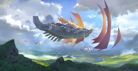 Fantasy Airship, Flying Ships, Airship Art, Flying Ship, Arte Alien, Aircraft Painting, Fiction Idea, Spaceship Concept, Fantasy Setting